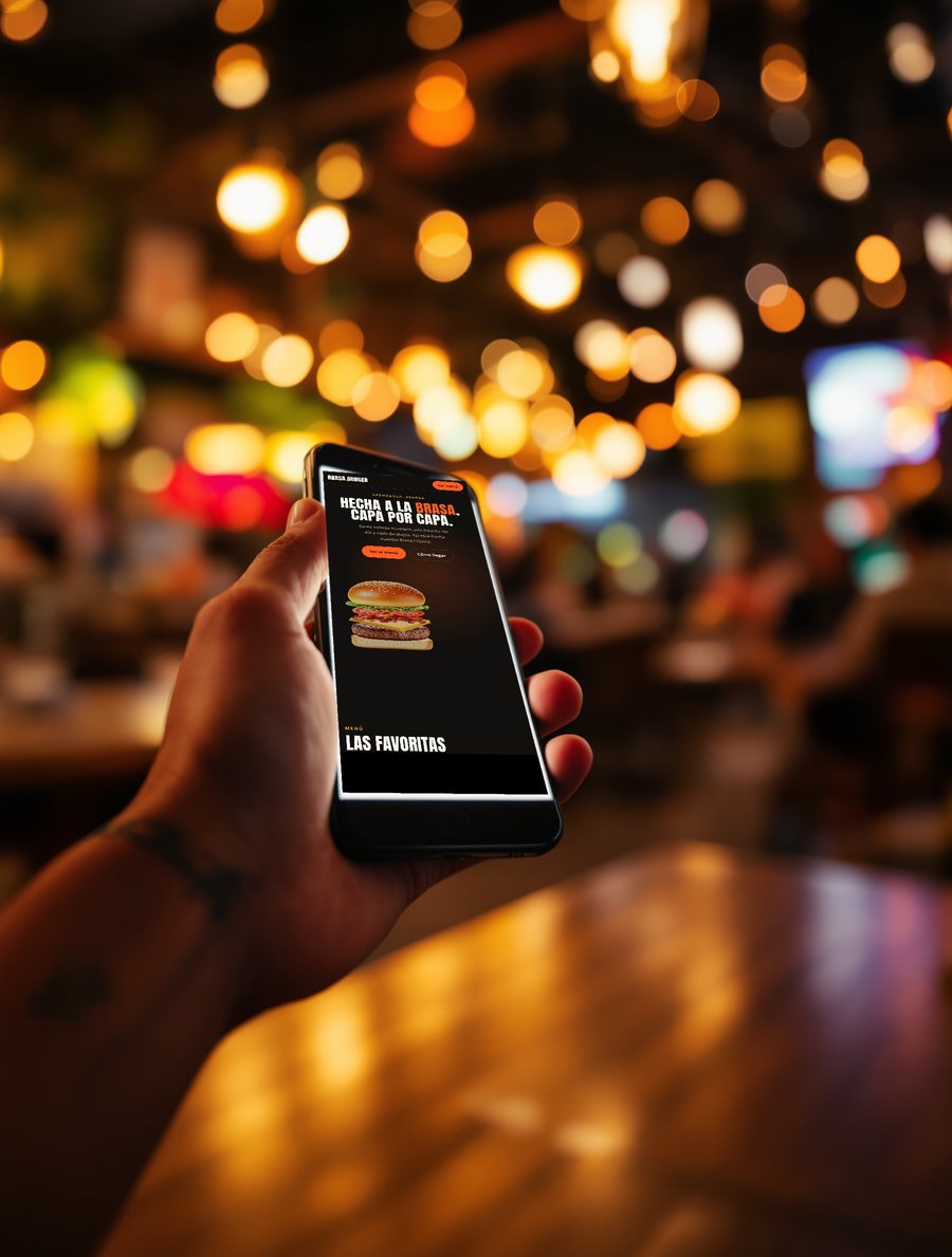 Cliente viendo una página en su celular dentro de un restaurante